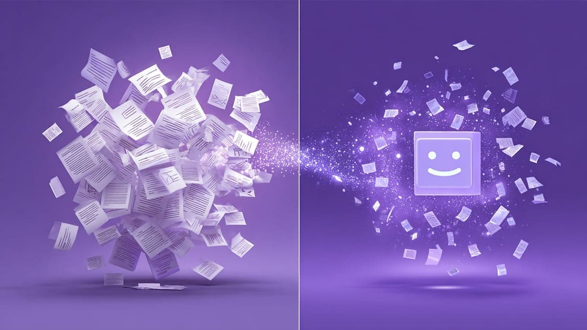 Split-screen illustration showing chaotic scattered documents and messages on left transforming into organized information orbiting a smiling Slackbot icon on right, representing AI-powered workplace organization and context synthesis