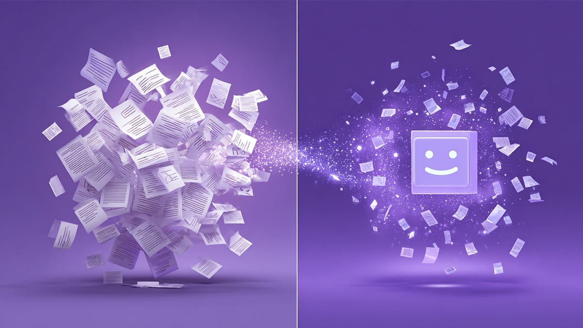 Split-screen illustration showing chaotic scattered documents and messages on left transforming into organized information orbiting a smiling Slackbot icon on right, representing AI-powered workplace organization and context synthesis