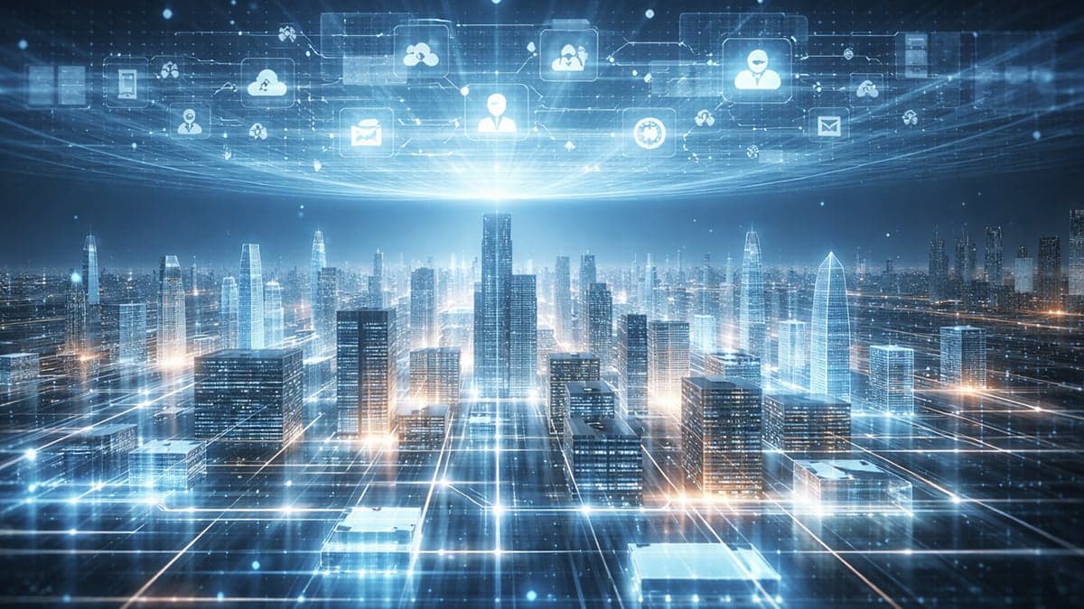 Futuristic digital cityscape with interconnected enterprise buildings linked by glowing data pathways and AI agent icons floating above, representing the multi-agent orchestration challenge in Salesforce's 2026 Connectivity Benchmark Report