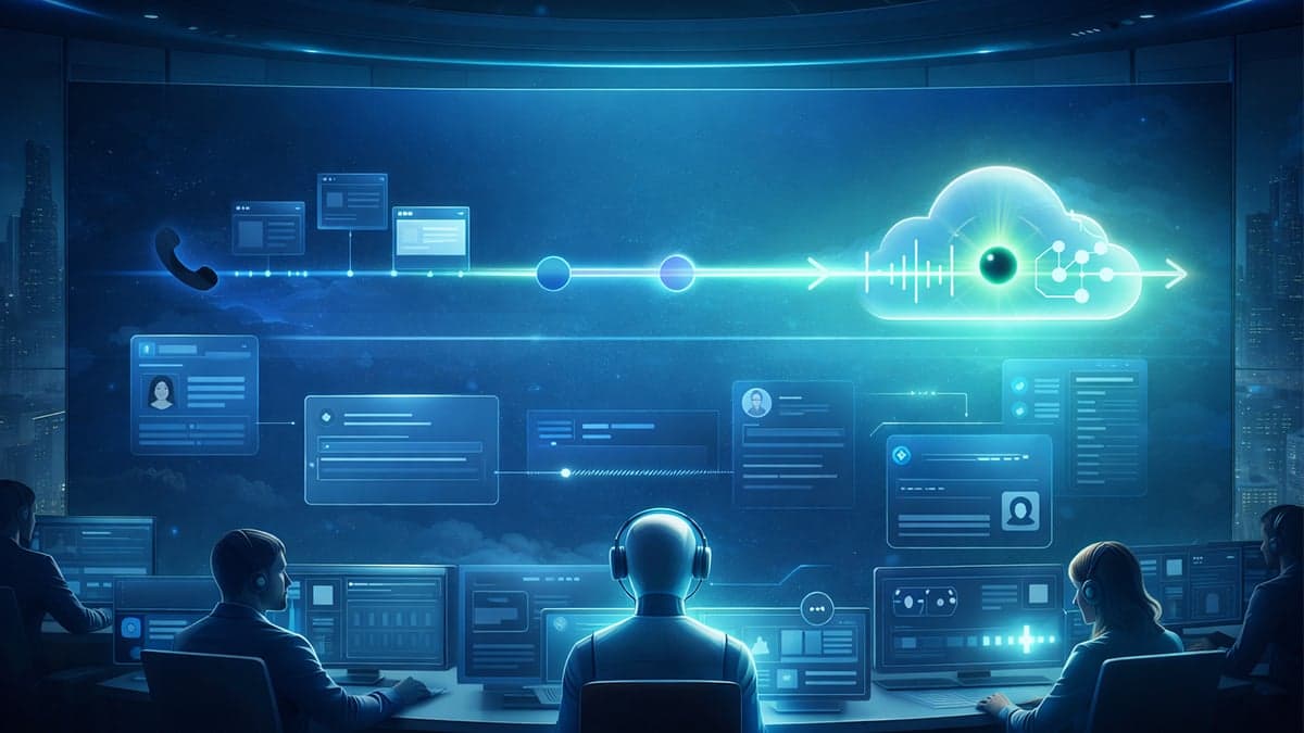 Futuristic illustration of a contact center operations room where human agents monitor multiple screens as a voice call signal travels through fragmented data panels and converges into a unified AI-powered cloud platform — representing Salesforce Agentforce Contact Center eliminating the integration layer between telephony, CRM data, and artificial intelligence.