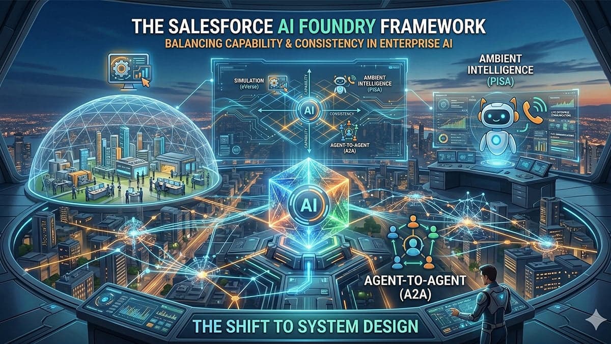 Futuristic cityscape illustration of the Salesforce AI Foundry framework showing three strategic investment areas — simulation environments under a geodesic dome labeled eVerse, an ambient intelligence PISA robot agent monitoring live enterprise communications, and agent-to-agent A2A networks connecting across a smart city — with a central AI hub balancing capability and consistency axes, emphasizing the shift to system design in enterprise AI.