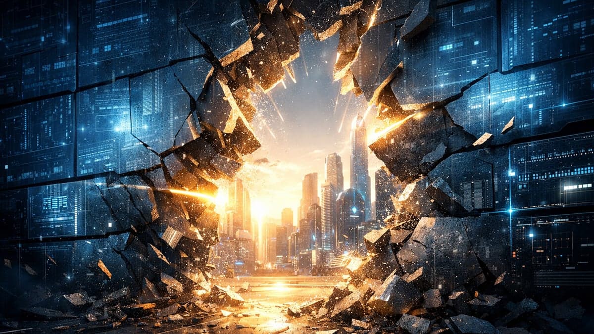 Digital wall shattering to reveal a sunlit city skyline beyond, symbolizing the breaking of AI paywalls in enterprise software as Salesforce embeds Agentforce into SMB Suites without consumption pricing.