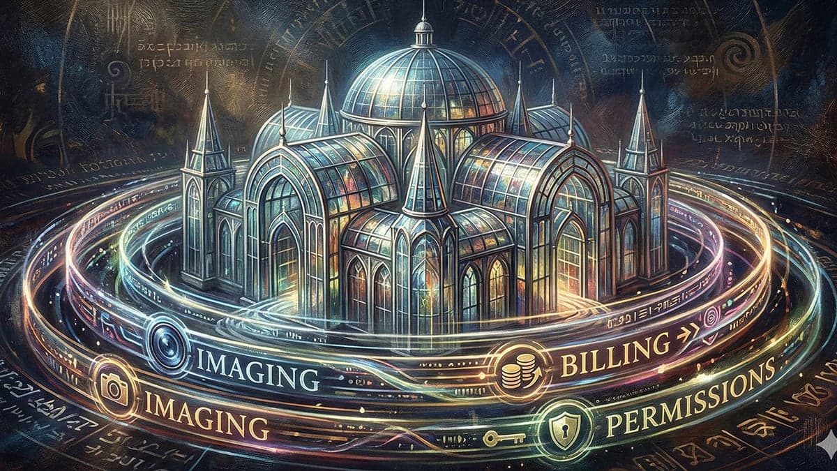 Cyber-Renaissance digital art of a glass fortress encircled by glowing data rings for Imaging and Billing, symbolizing the "Embedded Forever" architecture and context-driven enterprise moats.