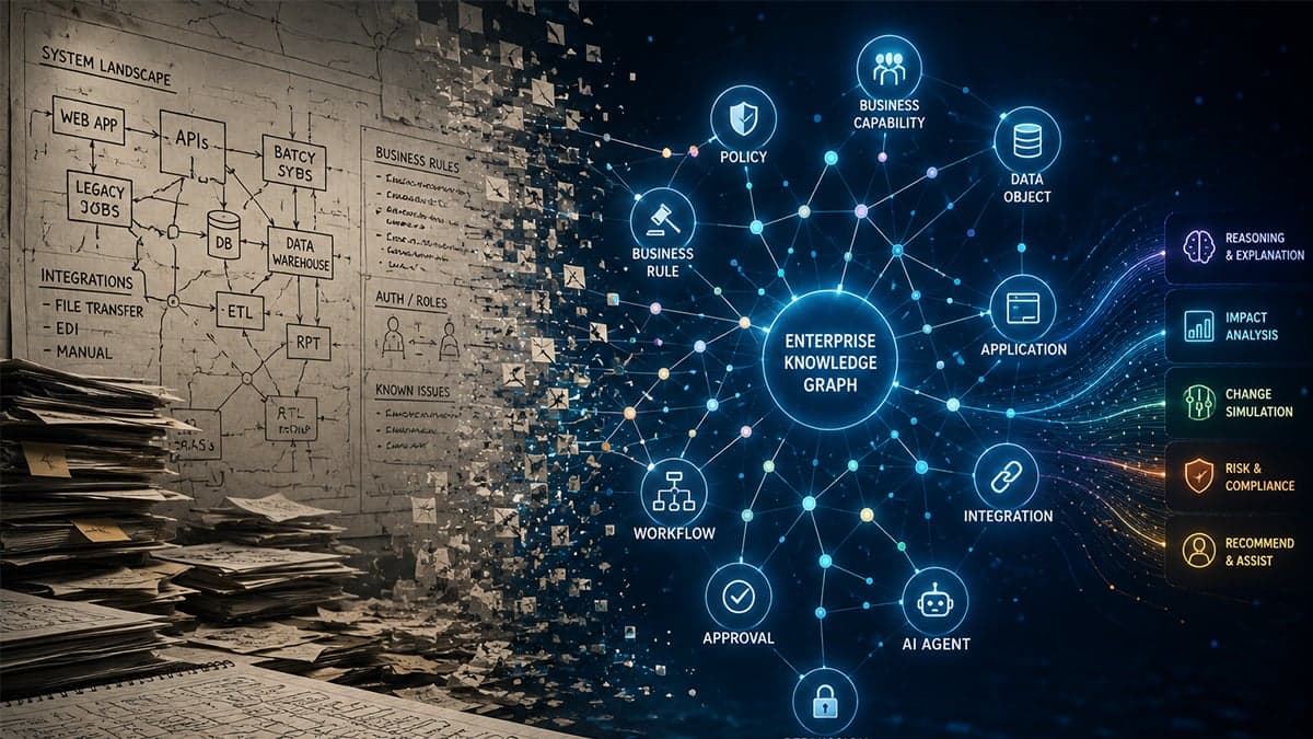 Conceptual illustration of an enterprise knowledge graph. On the left, a paper wall of legacy system diagrams, business rules, and integration notes disintegrates into pixels. On the right, a connected graph of nodes — business capability, policy, data object, application, workflow, AI agent — surrounds a central Enterprise Knowledge Graph hub, with capabilities listed alongside: reasoning, impact analysis, change simulation, risk and compliance, recommend and assist.