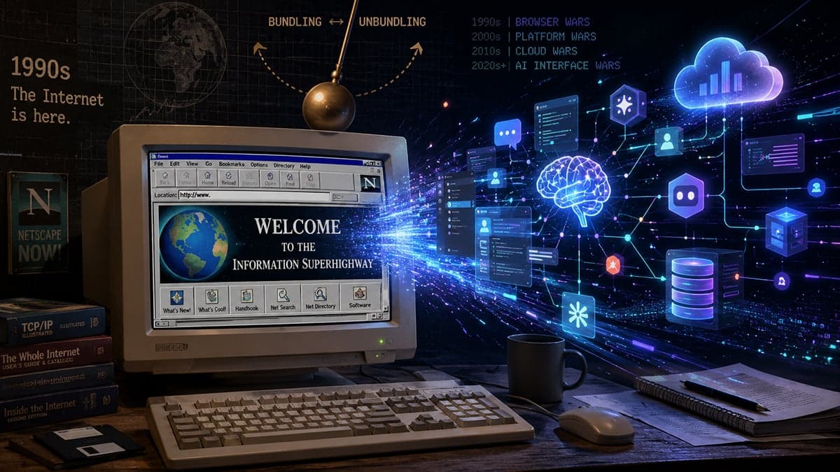1990s Netscape computer dissolving into a glowing AI cloud network, with a bundling-unbundling pendulum and tech platform-wars timeline.