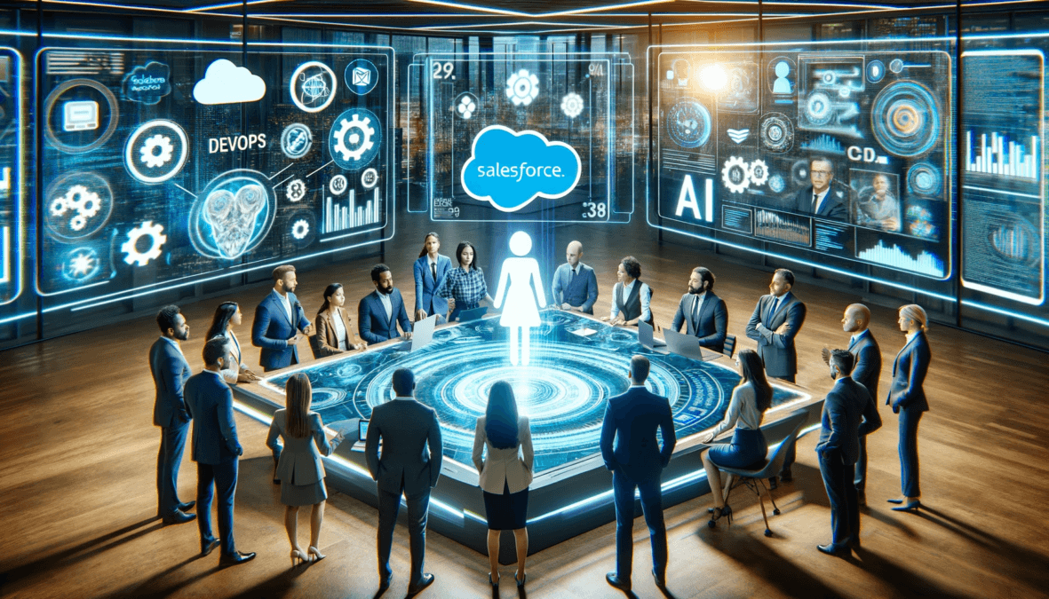 group of diverse professionals gathered around a holographic table with Salesforce and AI interfaces in a collaborative high-tech office environment