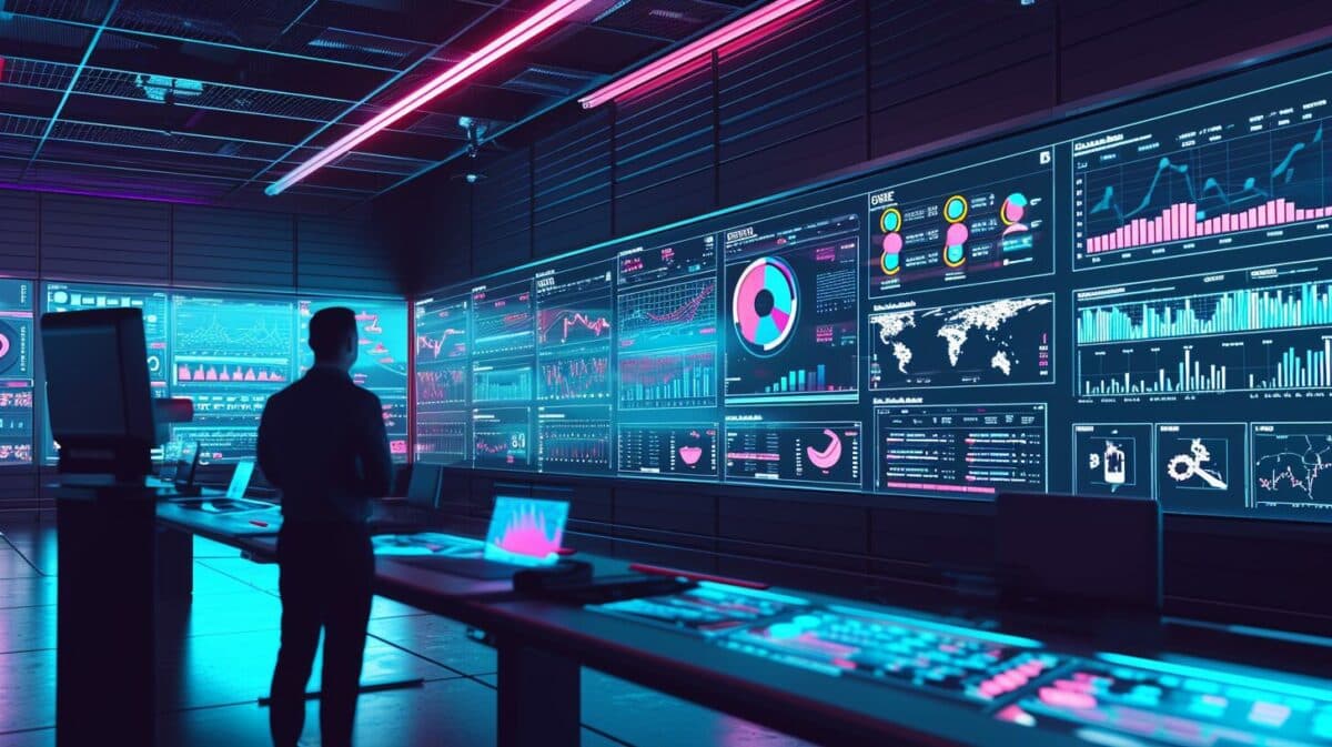 A digital depiction of a high-tech monitoring dashboard displaying various performance metrics for a Salesforce application, with engineers analyzing data on large screens in a network operations center.