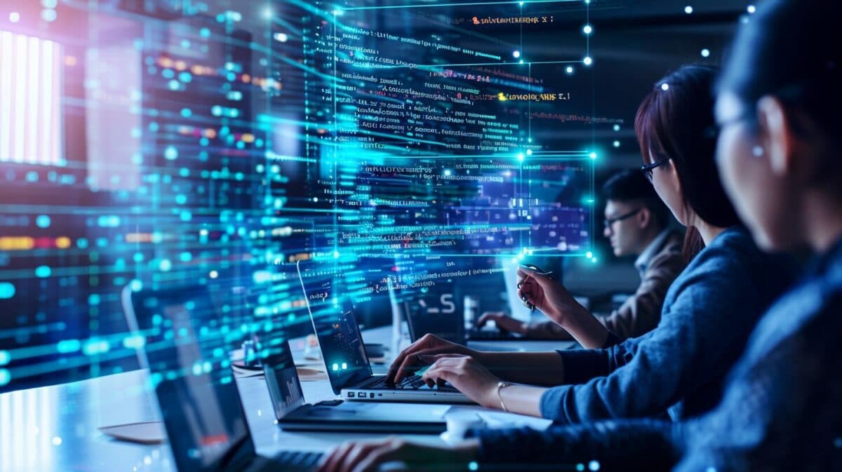 A high-resolution image of a professional team conducting testing on Salesforce applications, with screens showing code and flowcharts in the background.