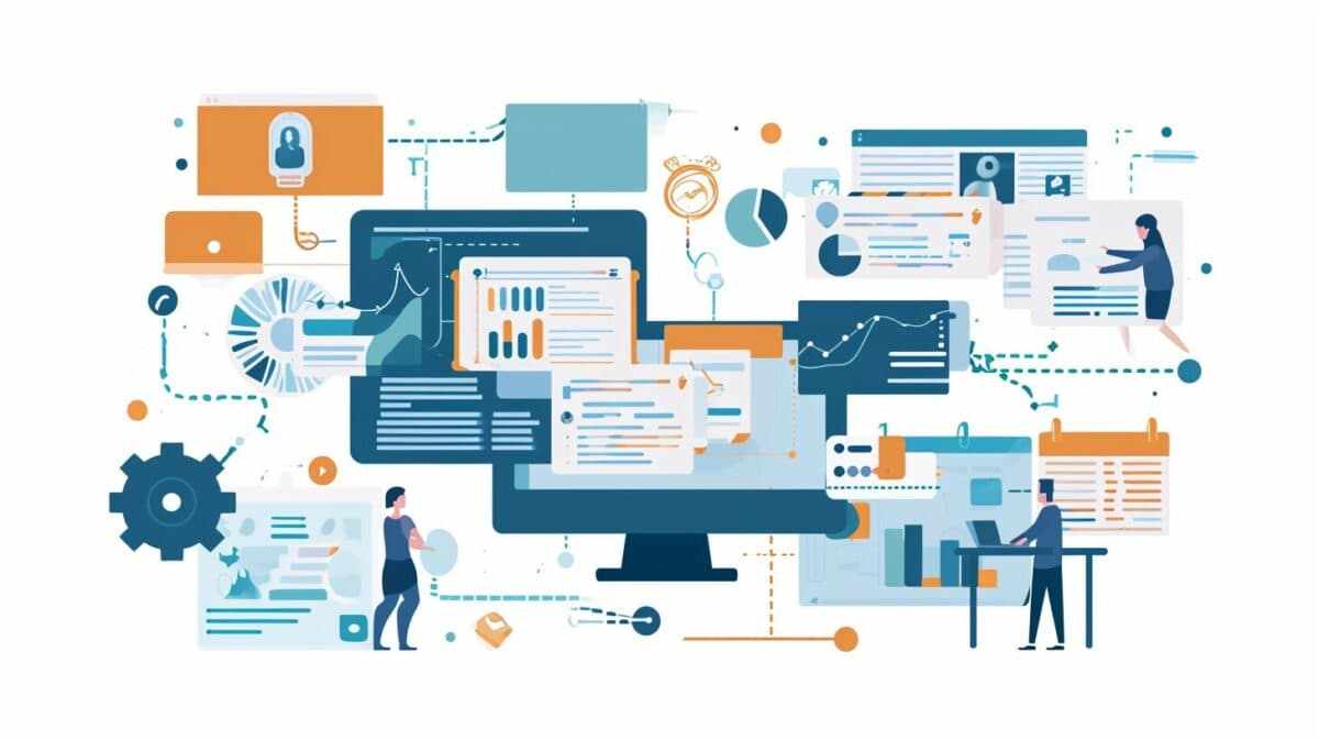 A professional collage of various document applications in an enterprise environment, showcasing collaboration, document management, and workflow automation.