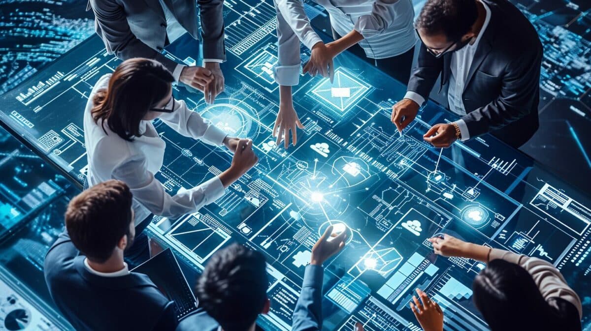 A professional image showcasing a group of developers collaborating over a complex workflow diagram on a digital interface, with Salesforce and DevOps symbols subtly integrated.
