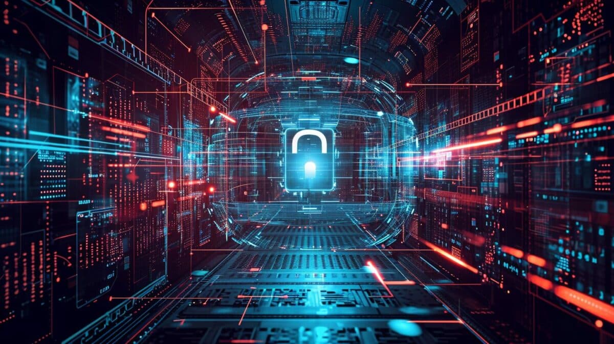 An artistic representation of a secure and robust digital platform shielded from cyber threats, with visual elements of encryption, firewalls, and secure codes surrounding it
