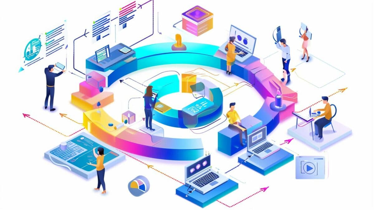 An artistic representation of the application development lifecycle showing different stages from conception to deployment with integrated tools and teams working in harmony.