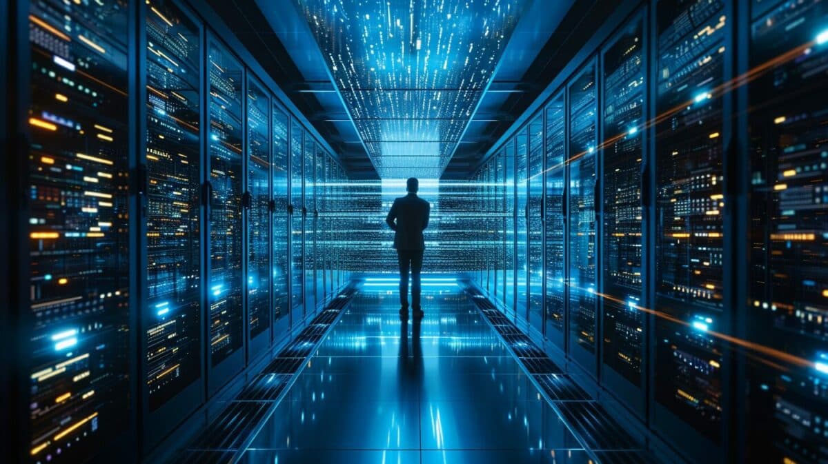 An image depicting an IT professional managing a sophisticated data backup process within a modern data center, with visible screens showing data being encrypted and replicated across different servers.