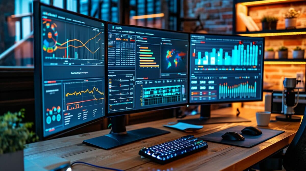 An image of a professional IT workspace with multiple monitors displaying Salesforce Administration dashboards and tools.