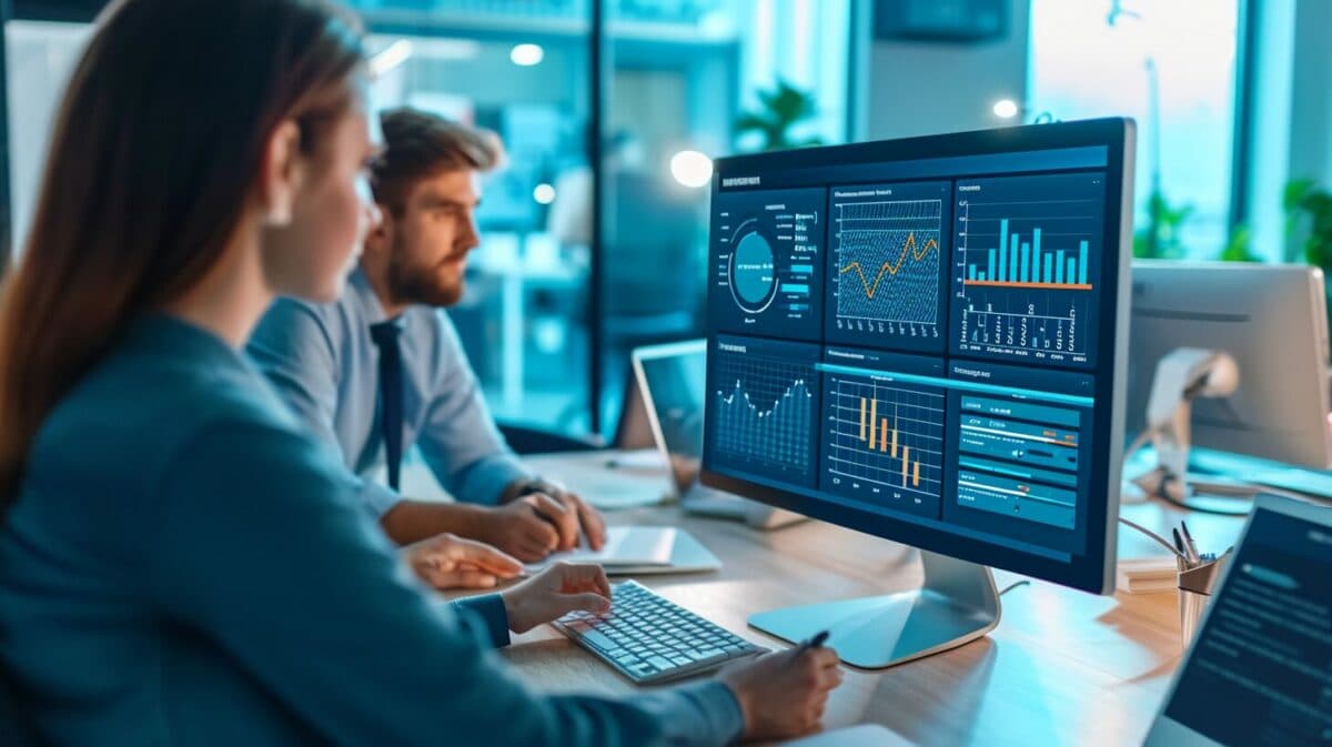 an image of a professional team analyzing a computer screen displaying a Salesforce release management dashboard, with graphs indicating deployment success rates and timelines