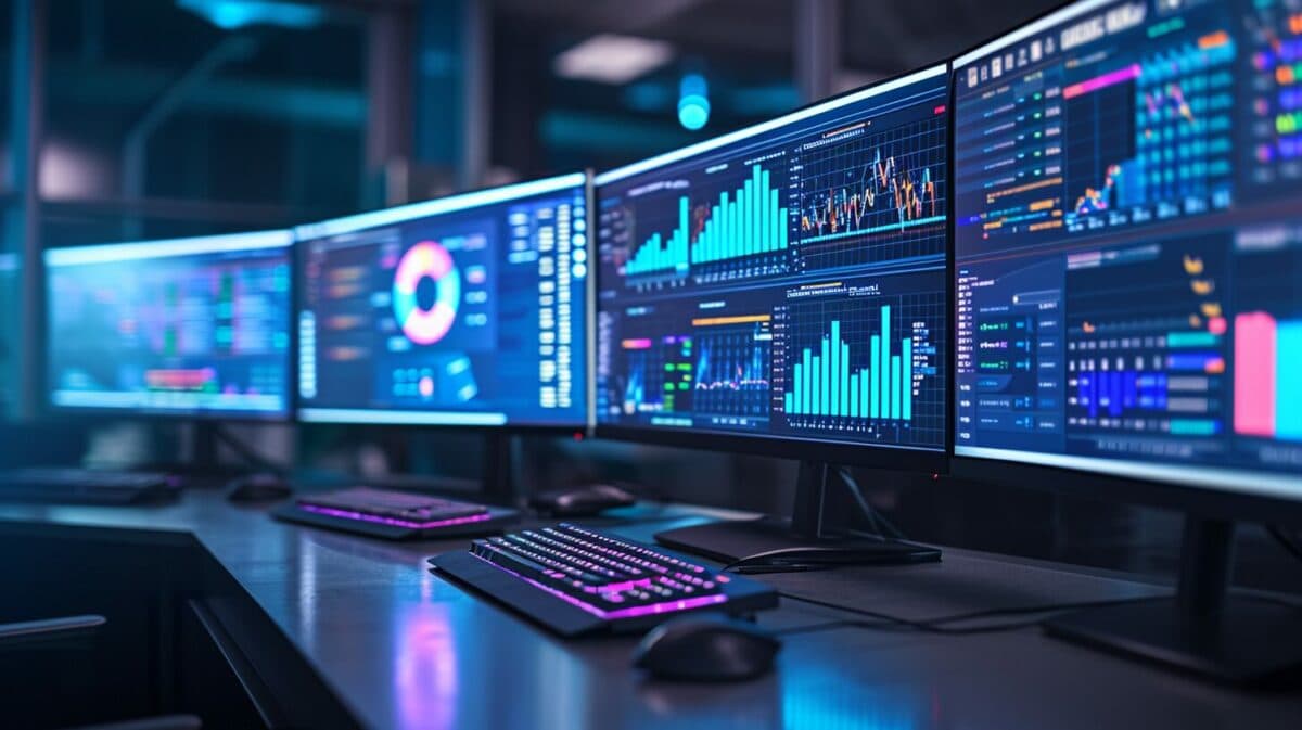 a detailed image of a professional IT workspace, with multiple screens displaying Salesforce SAST graphs and code analysis results.