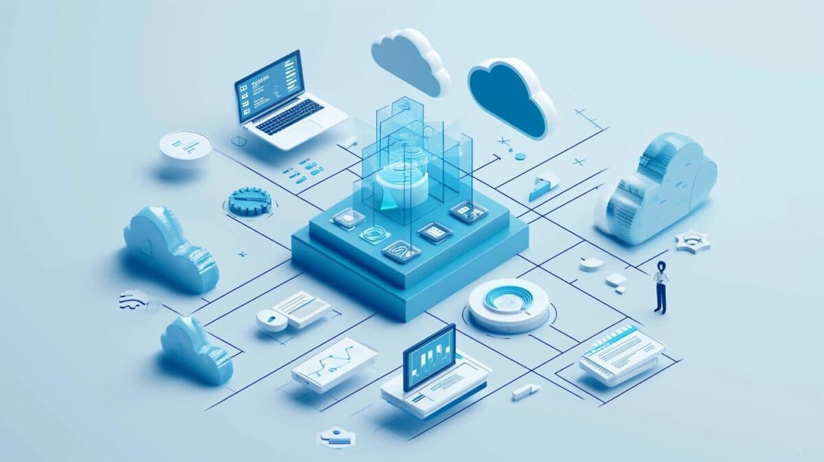 a professional cover image for a report on Salesforce Sandbox Management showcasing a blend of cloud technology symbols, Salesforce logos, and visual metaphors for testing and iteration.