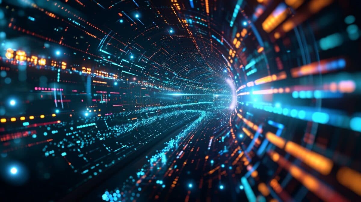 A sophisticated cover image for an industry report on Data Transformation in IT, featuring abstract data streams and cutting-edge technology elements symbolizing the transformation process.