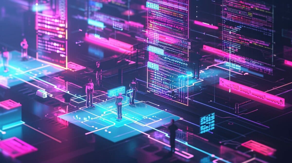 an image of a digital repository storage system showcasing various elements like code version history, branching, merging, and continuous integration pipelines, with a group of developers collaborating in a futuristic interface