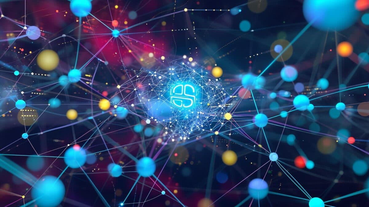 an image of an intricate network of connected nodes, symbolizing the Salesforce integration services, with a central Salesforce logo node and various enterprise systems represented as different colored connected nodes