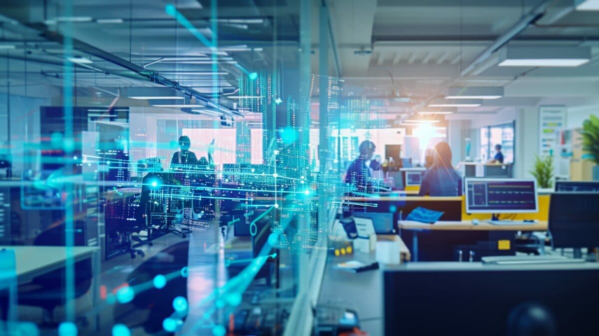 an image representing a digital value stream map overlaying a vibrant IT office environment, highlighting collaboration, analytics, and software development.