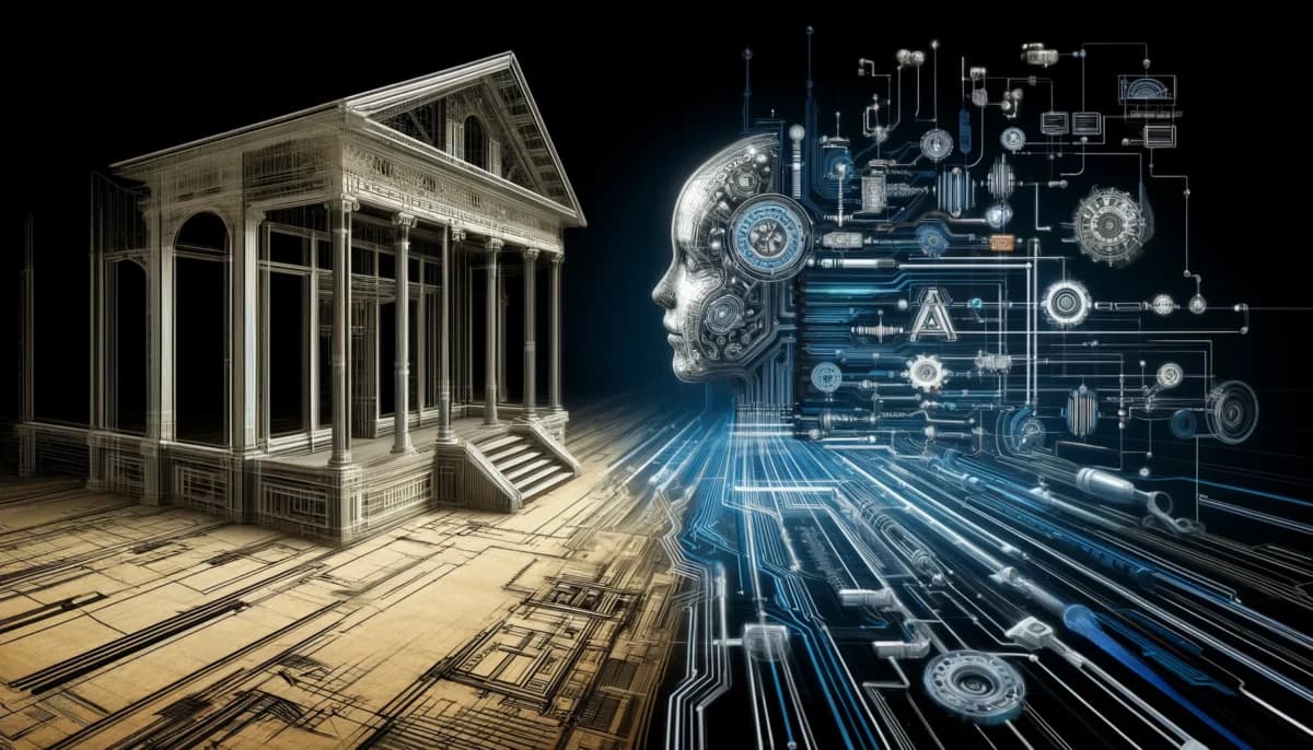 AI in Devops show as architectural blueprint where traditional lines and measurements intertwine with digital algorithms and AI circuitry. The blueprint gradually transitions from a classic architectural drawing at one end to a highly detailed digital schematic filled with AI components and data flow diagrams at the other.