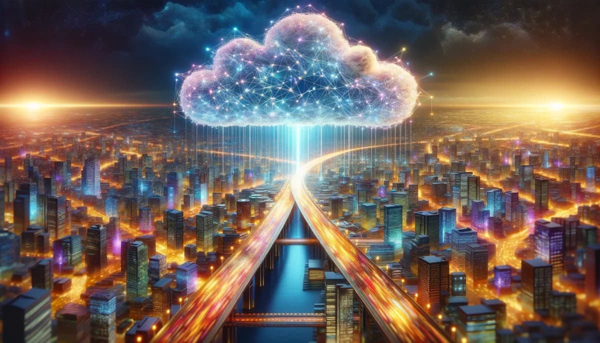 a metaphorical bridge made of glowing digital fibers, symbolizing the unification of business systems via AI-driven integration tools, with a bustling digital city below