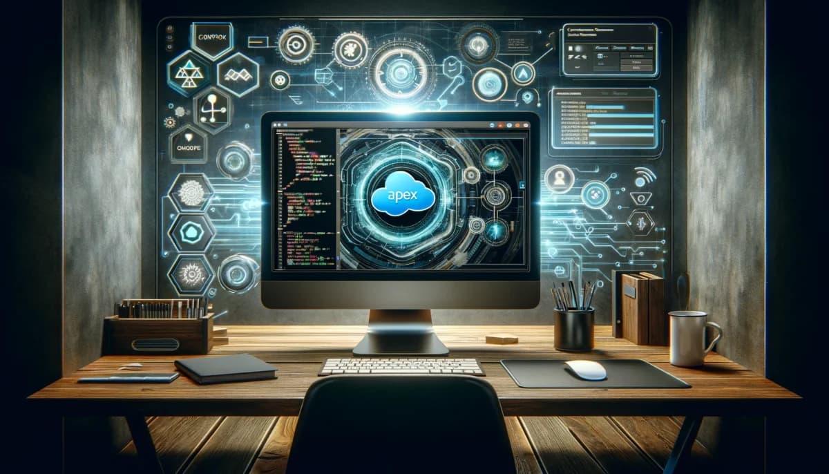 A modern office setting with a focus on a developer's desk. The desk features a large monitor displaying lines of code written in a syntax similar to Java, indicating it is Salesforce Apex.