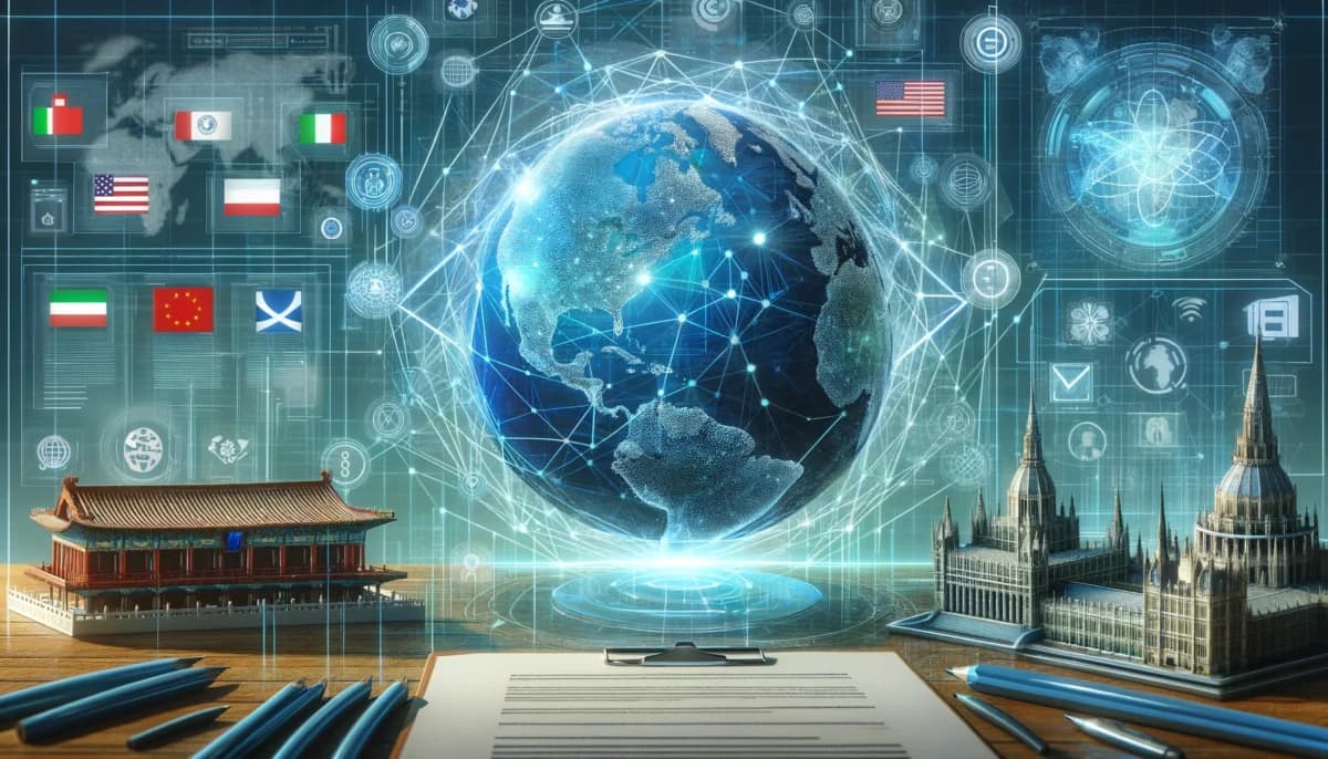A globe centered in the image, overlaid with a network of interconnected nodes and lines representing global AI collaboration
