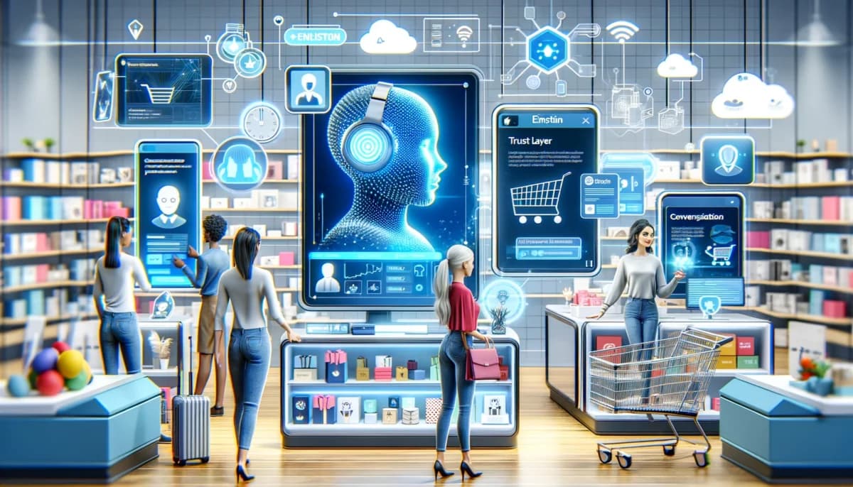 a dynamic e-commerce storefront enhanced with AI-driven personalized recommendations and a "trust layer" ensuring data security.