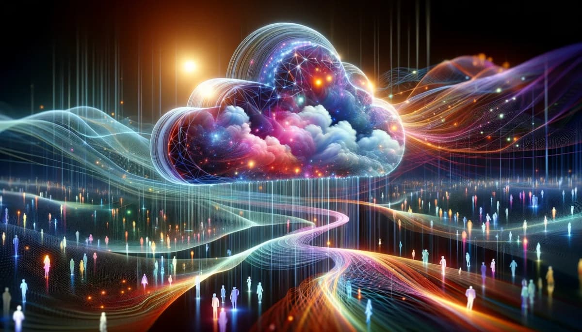 A surreal depiction of an abstract digital cloud intertwining with streams of luminous data threads. The cloud, representing the Data Cloud Vector Database, pulsates with vibrant colors and geometric patterns, symbolizing the flow of unstructured data being processed.