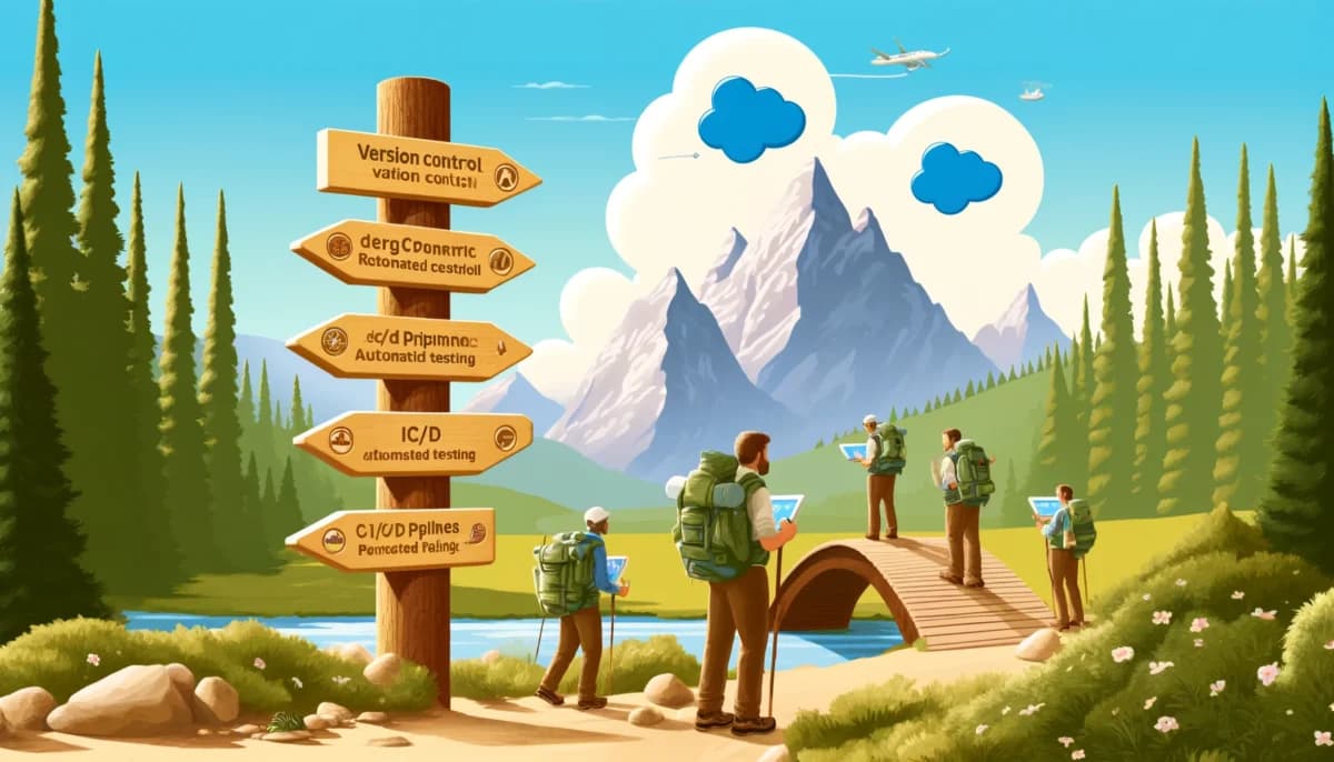 Explore Salesforce DevOps with a picturesque national park theme. Developers as hikers navigate trails with signposts pointing to key modules like version control, CI/CD pipelines, and automated testing, set against a backdrop of mountains and Salesforce-shaped clouds.