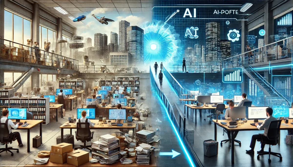 The image captures the transformation from outdated technology to a modern, AI-enhanced future, symbolizing the crossing of the digital divide.