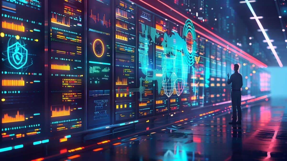 A digital illustration representing Data Management Software. The image shows a sleek, modern data center or server room with rows of stylized servers. Floating above the servers are various data symbols and icons, such as database icons, file folders, an