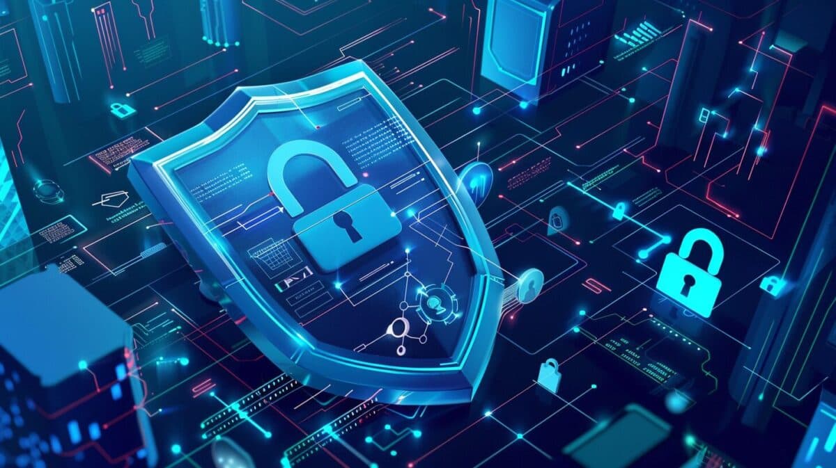 convey a sense of protection, order, and trust in a corporate or technological context. Key elements: Central focus: A large, stylized shield symbol, representing security and protection.