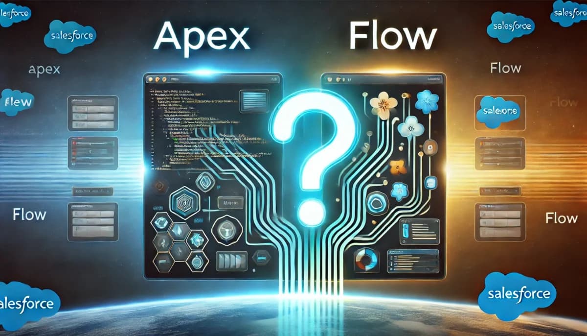 A split-screen image showcasing a sleek, modern control panel on one side, representing the structured coding environment of Apex, and a visual, drag-and-drop interface on the other side, symbolizing the intuitive design of Flow.