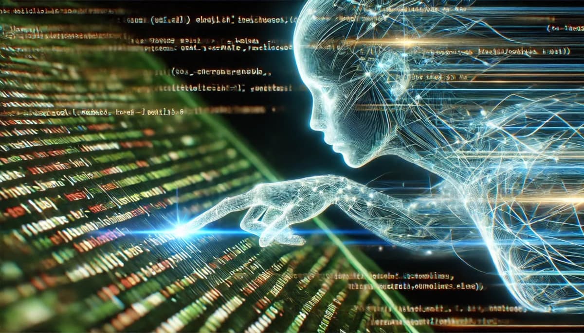 A close-up shot of a digital screen where lines of code are being generated rapidly by an AI-powered tool. The code appears in a flowing, dynamic manner, as if it is being written automatically. In the corner of the screen, a semi-transparent AI avatar is subtly visible, guiding the process.