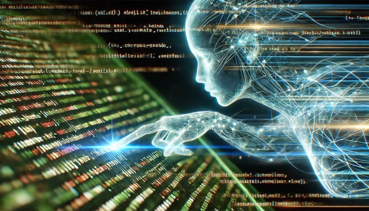A close-up shot of a digital screen where lines of code are being generated rapidly by an AI-powered tool. The code appears in a flowing, dynamic manner, as if it is being written automatically. In the corner of the screen, a semi-transparent AI avatar is subtly visible, guiding the process.