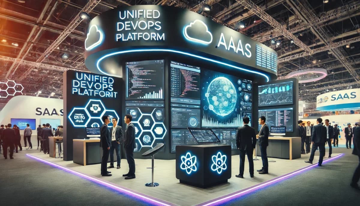 A sleek booth at a major tech conference, with a glowing display screen showcasing a unified DevOps platform.