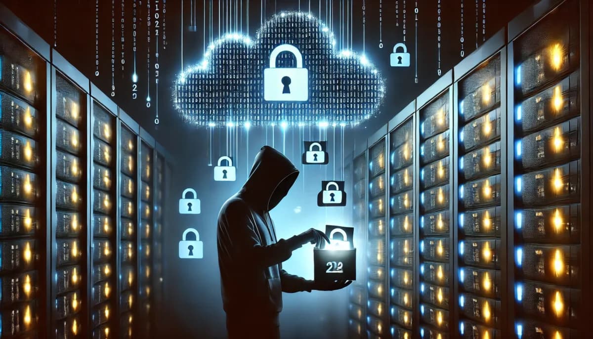 A dark, stylized scene of a hacker silhouette in front of glowing cloud servers. Data files with the Disney logo or similar corporate symbols are being pulled out, symbolizing the data breach.