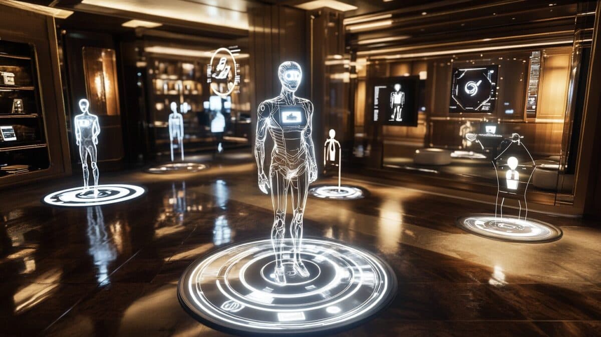 An image showing a futuristic office setting where digital, autonomous AI agents are visibly interacting with employees on holographic displays. The background could include subtle Salesforce branding, with icons representing various business functions