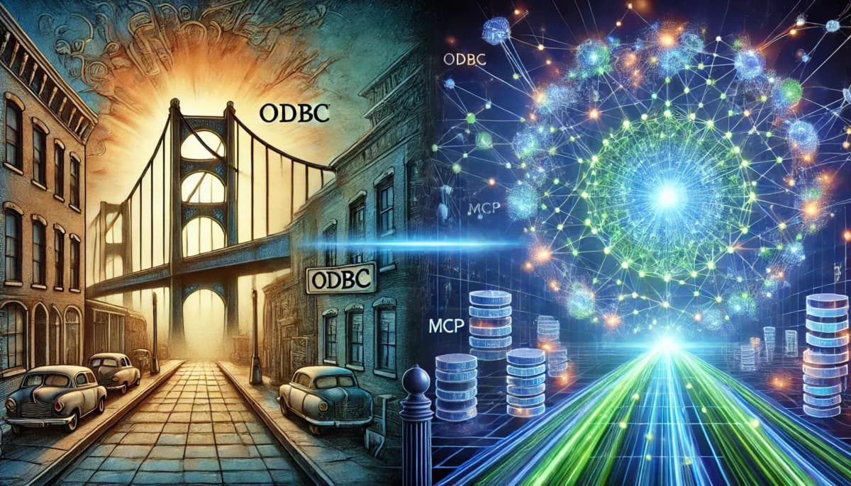 ODBC on the left as a glowing bridge connecting databases, transitioning into the MCP on the right, where a sophisticated web of AI models and modern tools radiates from a unified core.