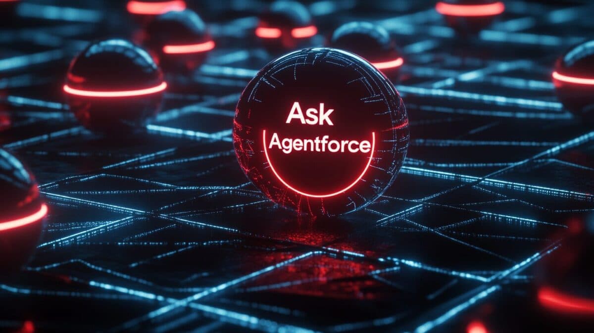 Futuristic concept of Salesforce's Ask Agentforce with glowing AI spheres interconnected by data lines, symbolizing advanced digital assistance.