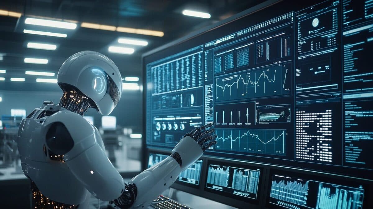 A sleek testing center with digital dashboards, graphs, and charts displaying AI performance metrics. A robotic assistant interacts with a human developer in a high-tech workspace.