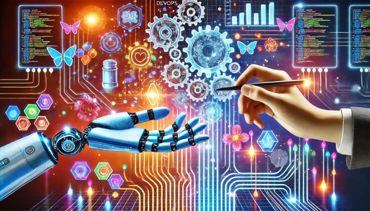 a robotic hand and a human hand collaborating over a glowing DevOps workflow, symbolizing the harmony of technology and human ingenuity.