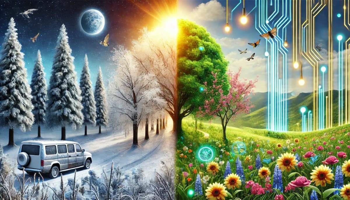 symbolic depiction of AI innovation transitioning from a barren "AI Winter" to a vibrant, thriving landscape