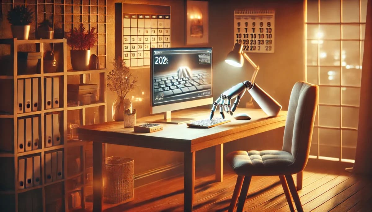 a cozy home office with a robotic hand typing on the computer