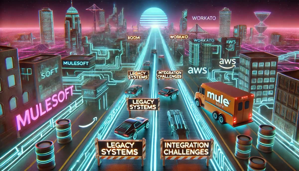 A futuristic, neon-lit digital highway made of glowing API connections stretches into the distance. However, some parts of the highway are under construction or blocked by barriers labeled "Legacy Systems" and "Integration Challenges."