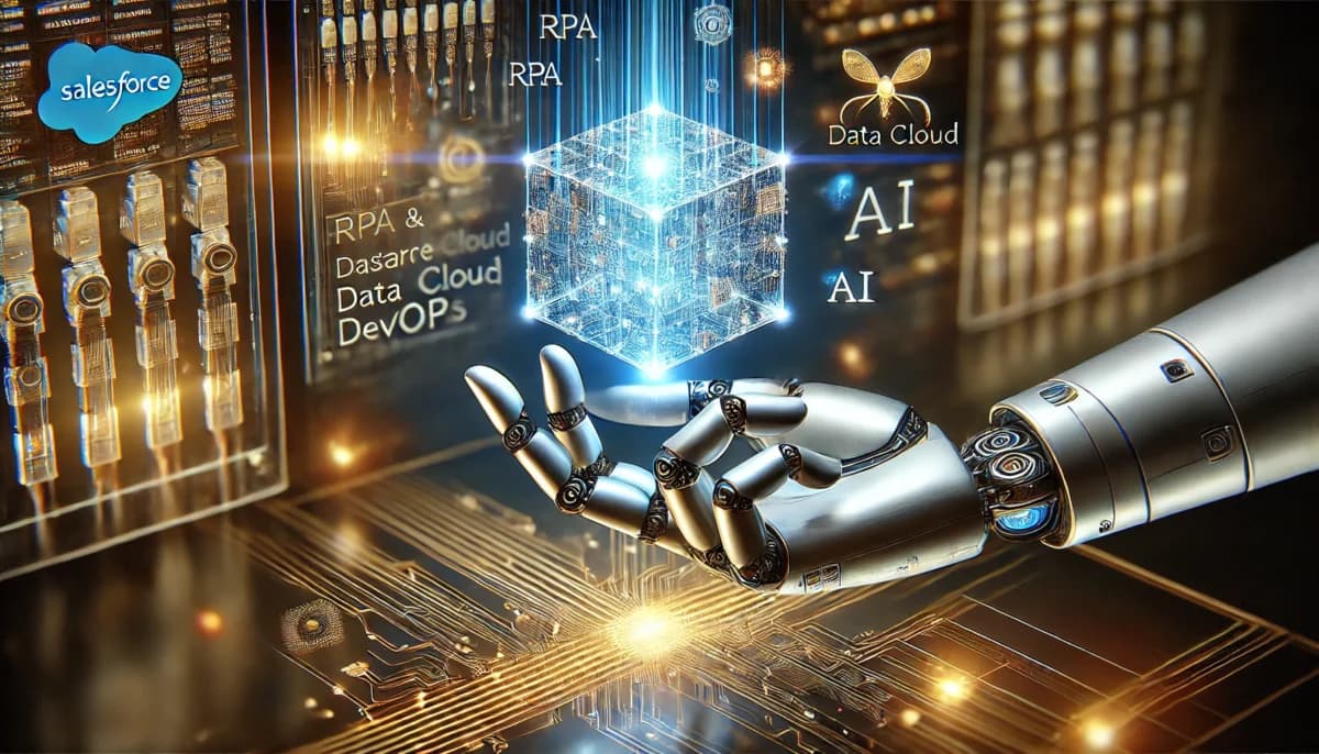 A robotic hand seamlessly deploying digital data cubes into a structured cloud network, representing RPA and AI-driven automation in Salesforce Data Cloud DevOps.