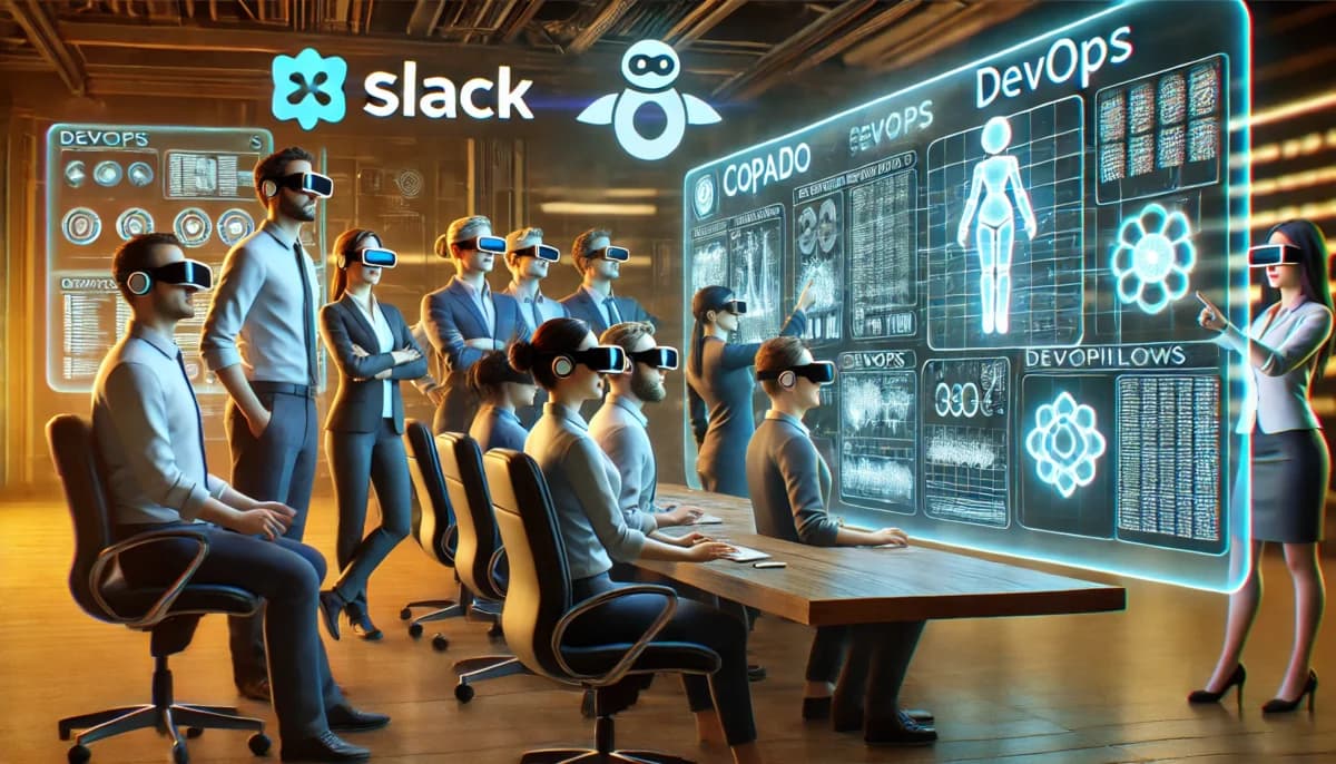 AI engineers in a high-tech control room interacting with DevOps holograms, representing the competitive AI-driven DevOps landscape.